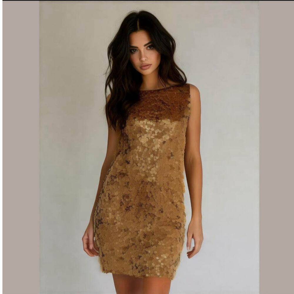 Marchesa Notte Gold Sequin Sleeveless Shift Dress 100% Silk‎ 90's Vintage Size 2 - Picture 2 of 9